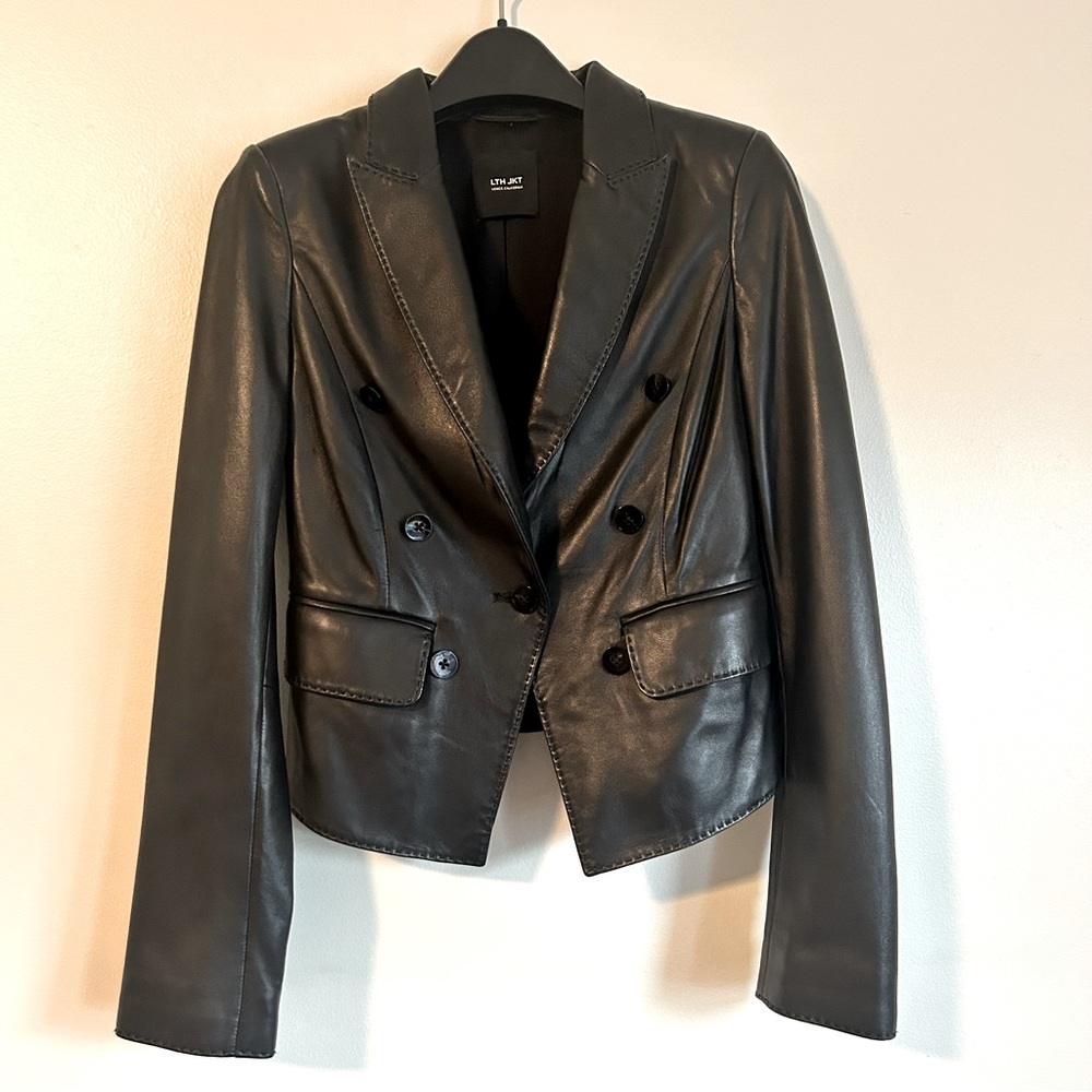 LTH JKT NWOT Luxe Double Breasted 100%Black Leather Cropped Blazer/Jacket SizeXS